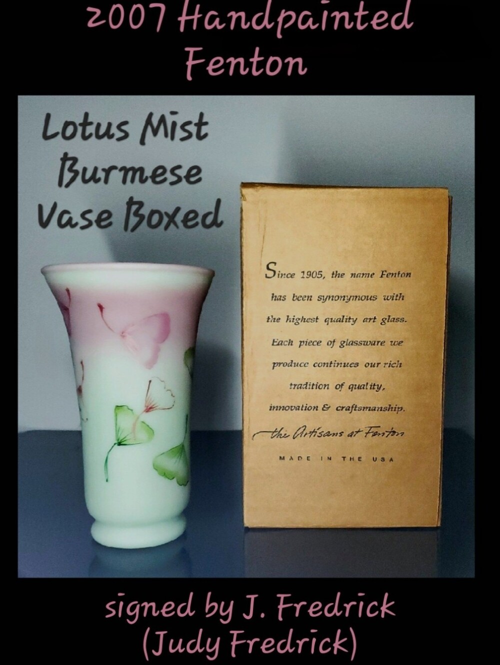 NIB Fenton Lotus Mist Burmese Ginkgo Leaves Hand Painted Vase Signed 8.5" 2007 - Picture 2 of 14